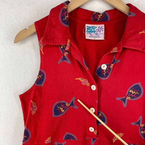 ZIP CODE Dress M Fish Shell Print Popover Maxi Sleeveless Jersey Cotton Red - Picture 14 of 15